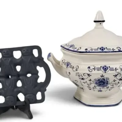 Sale Photo Thumbnail #13: Toscany Blue & White Porcelain Soup Tureen with Ladle & Vintage Metal Cookie Mold, 2 Pc