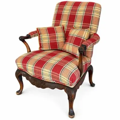 Lot 519   
Queen Anne–Style Carved Mahogany Open Armchair in Plaid Upholstery