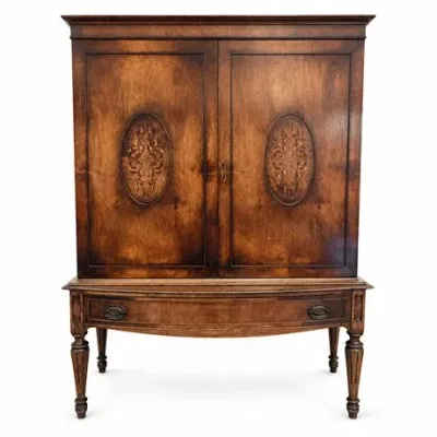 Lot 507  
1920s Walnut Marquetry Cabinet on Stand with Bow-Front Drawer