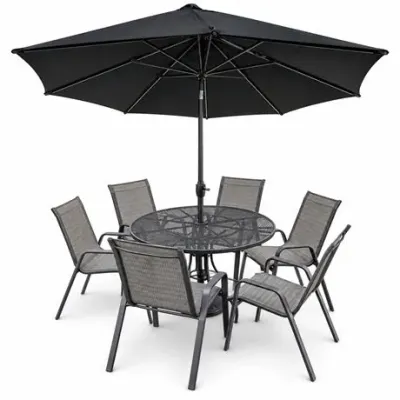 Lot 527   
Outdoor Patio Dining Set: Round Mesh Table, Six Sling Chairs and Umbrella