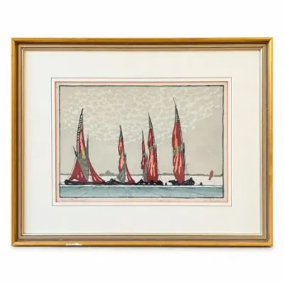 Lot 223  
“Orig. Handdruck” German Color Woodcut, Sailing Boats with Red Sails at the Quay