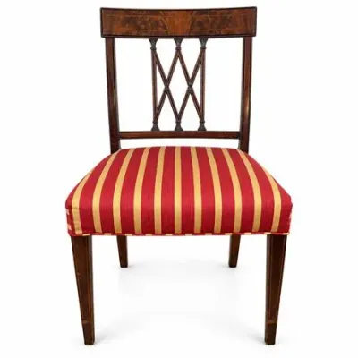 Lot 506   
Sheraton-Style Mahogany Side Chair with Inlaid Crest and Carved Lattice Splat