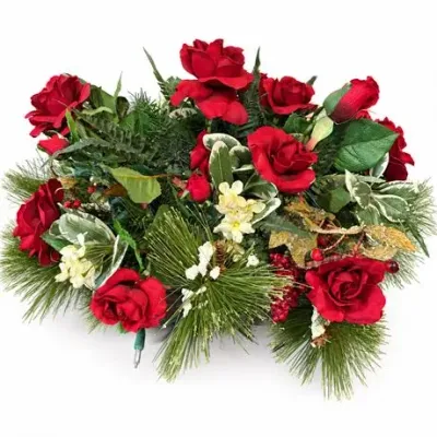 Lot 414   
Lighted Silk Christmas Floral Centerpiece with Red Roses and Pine