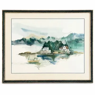 Lot 231  
Original Watercolor, Coastal Cove with White Cottages and Sailboat