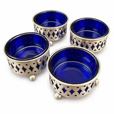 Lot 190   
Pierced Silver-Tone Open Salt Cellars with Cobalt Glass Liners