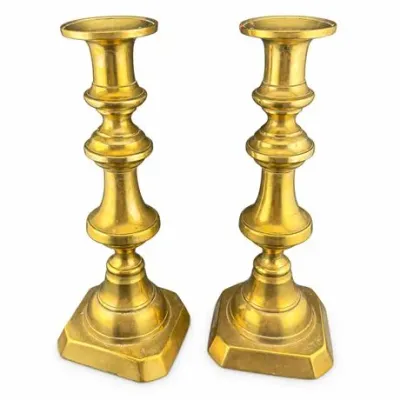Lot 181   
Pair of Victorian Brass Knopped Push-Up Candlesticks