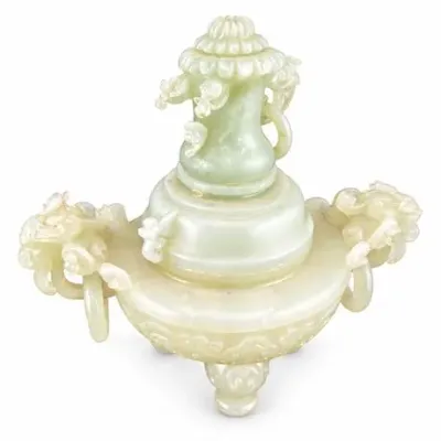 Lot 504   
Chinese Pale Green Jade Censer with Cover