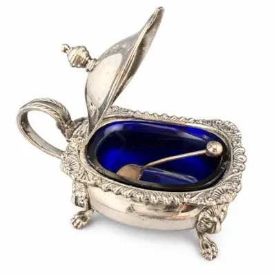 Lot 204  
Antique Barker Ellis Silver Plate Mustard Pot Cobalt Blue Glass Liner Lion Feet