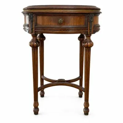 Lot 263   
Louis XVI–Style Walnut Oval Side Table with Drawer and Bronze Mounts