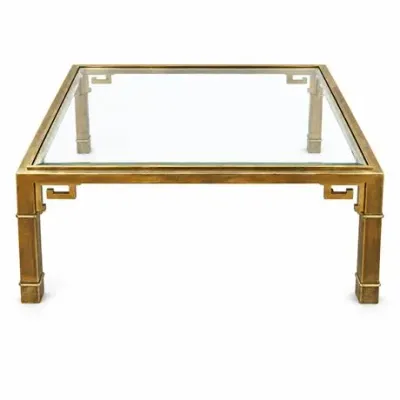 Lot 283  
Hollywood Regency Brass and Glass Square Coffee Table with Greek Key Brackets