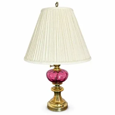 Lot 211  
Cranberry Glass Thumbprint Font Table Lamp on Brass Base