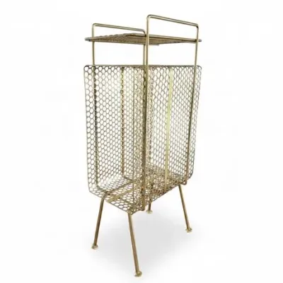 Lot 005  
Mid-Century Modern Brass-Tone Perforated Magazine Rack & Stand