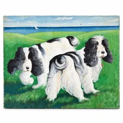 Sale Photo Thumbnail #104: Lot 212   
Nancy Jolly Original Oil on Canvas, Two Cocker Spaniels by the Sea, 1983