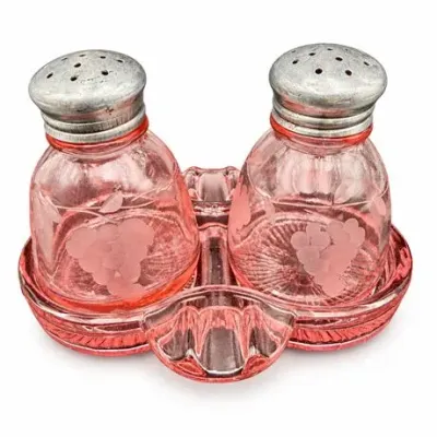 Sale Photo Thumbnail #108: Lot 221  
Pink Depression Glass Salt and Pepper Shakers with Matching Tray, Etched Grape