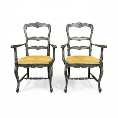 Lot 071
French Country Style Rush Seat Ladder-Back Armchairs - Pair