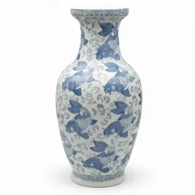 Lot 050  
Chinese Blue and White Porcelain Koi Fish Baluster Vase