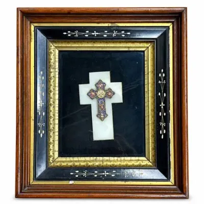 Sale Photo Thumbnail #106: Lot 215   
Victorian Shadowbox with Champlevé Enamel Cross on Alabaster, 19th Century