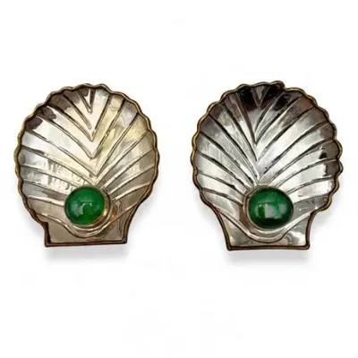 Lot 057   
Vintage Silver-Tone Scallop Shell Trinket Dishes with Green Cabochon - Pair