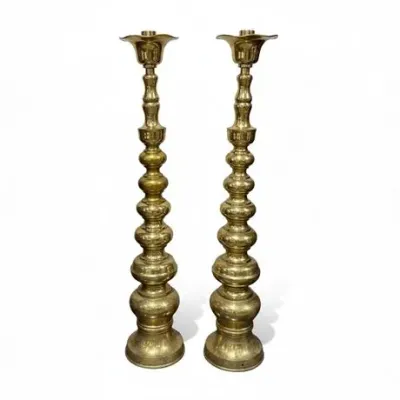 Lot 076   
Vintage Large Brass Altar Floor Candlesticks - Pair