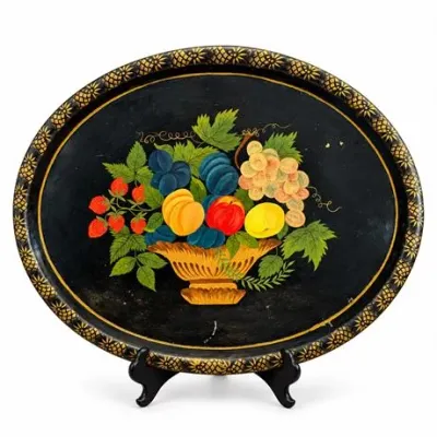 Lot 150   
Antique Tole Painted Oval Tray, Fruit Basket Motif