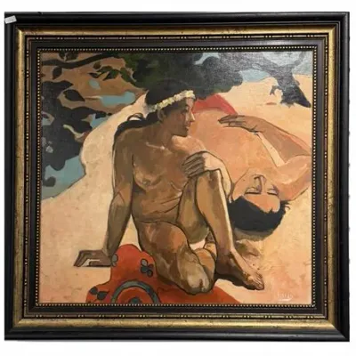 Lot 122   
Polynesian Figurative Beach Scene Oil Painting Signed