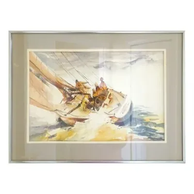 Framed Sailing Yacht Scene in Cream, Gold & Blue