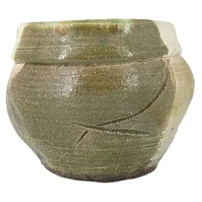 Signed Green, Cream & Copper-Tone Art Pottery Vessel