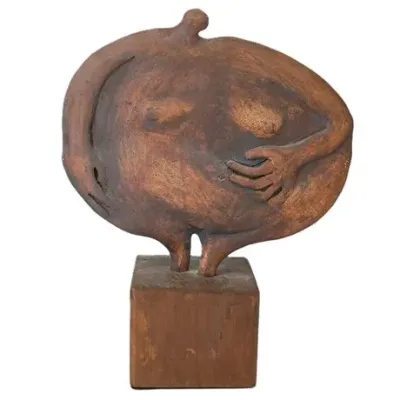 Abstract Rounded Human Figure Sculpture on Wood Base