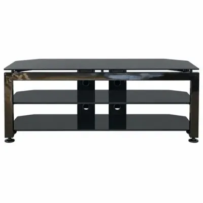 Three-Tier Black Glass TV Stand with Cable Management