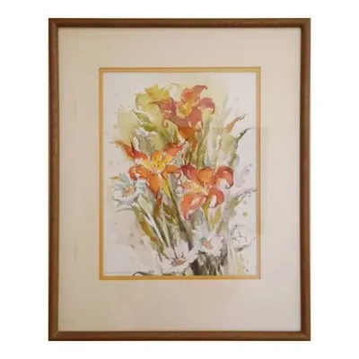 Beverly Braun Signed Floral Watercolor – Orange Lilies & White Daisies