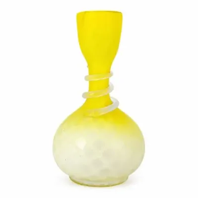 Yellow Satin Art Handblown Glass Vase with Spiral Neck & Lattice Body