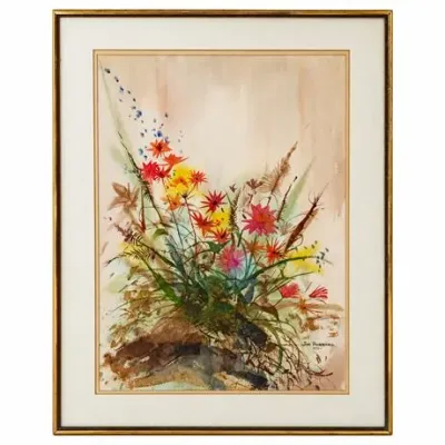 Jim Hubbard Signed Watercolor Wildflower Arrangement – 1973 Framed Floral Art