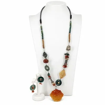 Artisan Jade, Goldstone & Gemstone Statement Necklace and Matching Jade Earrings