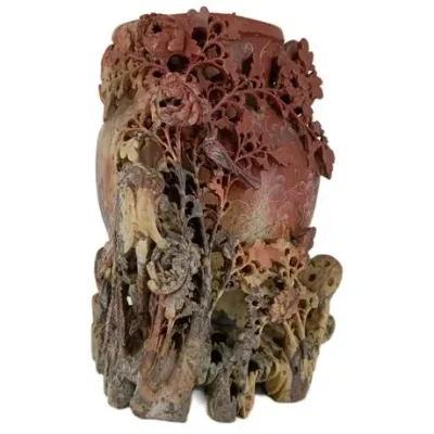 Soapstone Carved Bird & Blossom Decorative Vase