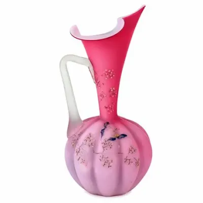 Pink Satin Glass Ewer with Butterfly & Floral Decoration