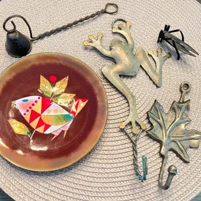 MCM Enamel, Copper Dish, And Brass Decor