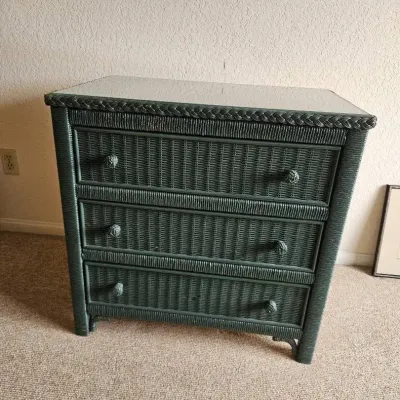 Vintage Hunter Green Wicker 3-Drawer Dresser  Coastal / Boho