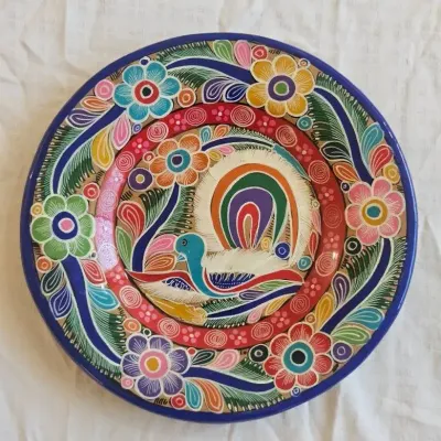 Vibrant Hand-painted Terracotta or Clay Folk Art Plate 