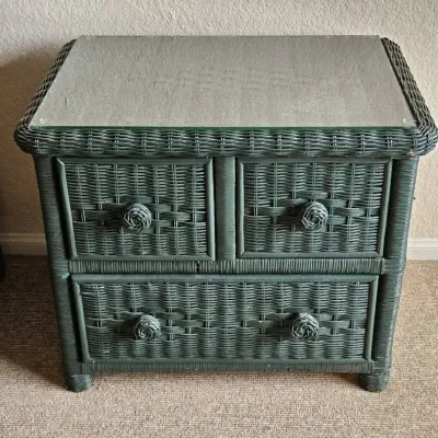 Dark Green Wicker Side Table with Glass Top