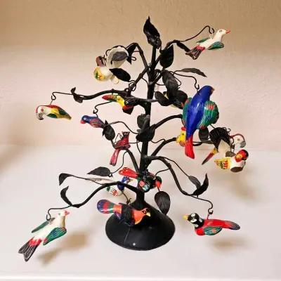 From Mexico Decorative Folk Art Bird Tree With Multiple Colorful Birds 
