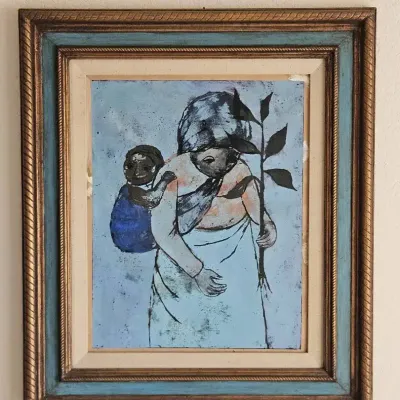 Beautiful Mid-Century Modern Mother & Child Framed Painting