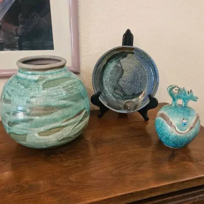 Handmade Ceramic Decor Set - 3pc Turquoise & Blue Studio Pottery Bundle