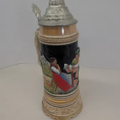 Vintage 60's 70's German Beer Tankard Mug w/ Pewter Lid Working Music Box
