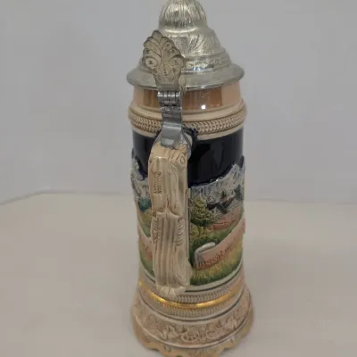 Vintage 60's 70's German Beer Tankard Mug w/ Pewter Lid Working Music Box