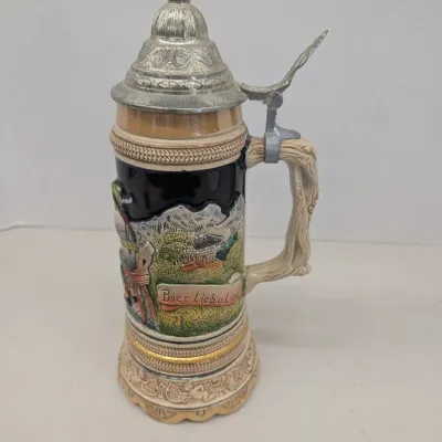 Vintage 60's 70's German Beer Tankard Mug w/ Pewter Lid Working Music Box
