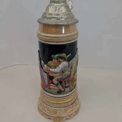 Vintage 60's 70's German Beer Tankard Mug w/ Pewter Lid Working Music Box