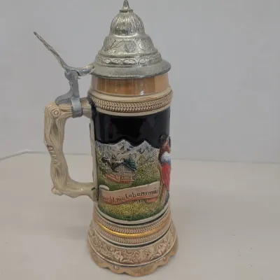 Vintage 60's 70's German Beer Tankard Mug w/ Pewter Lid Working Music Box