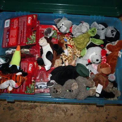 Sale Photo Thumbnail #142: Large collection of vintage Coca-Cola plush animals and packaged die-cast toy vehicles stored inside a blue plastic storage container.