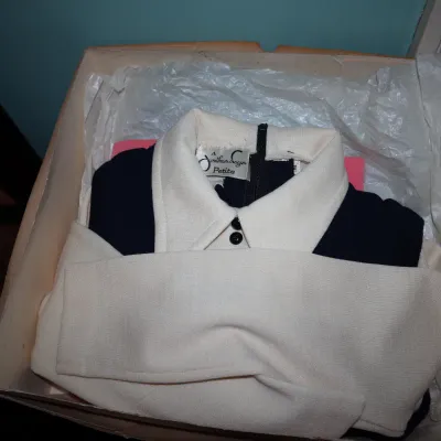 Sale Photo Thumbnail #57: Vintage Jonathan Logan Petite cream and navy collared dress or top set carefully stored in a original clothing box with tissue paper.