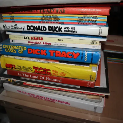 Sale Photo Thumbnail #102: Tall stack of vintage comic strip compilation books and graphic novels, including titles like Dick Tracy, Li'l Abner, Krazy Kat, and Buck Rogers.